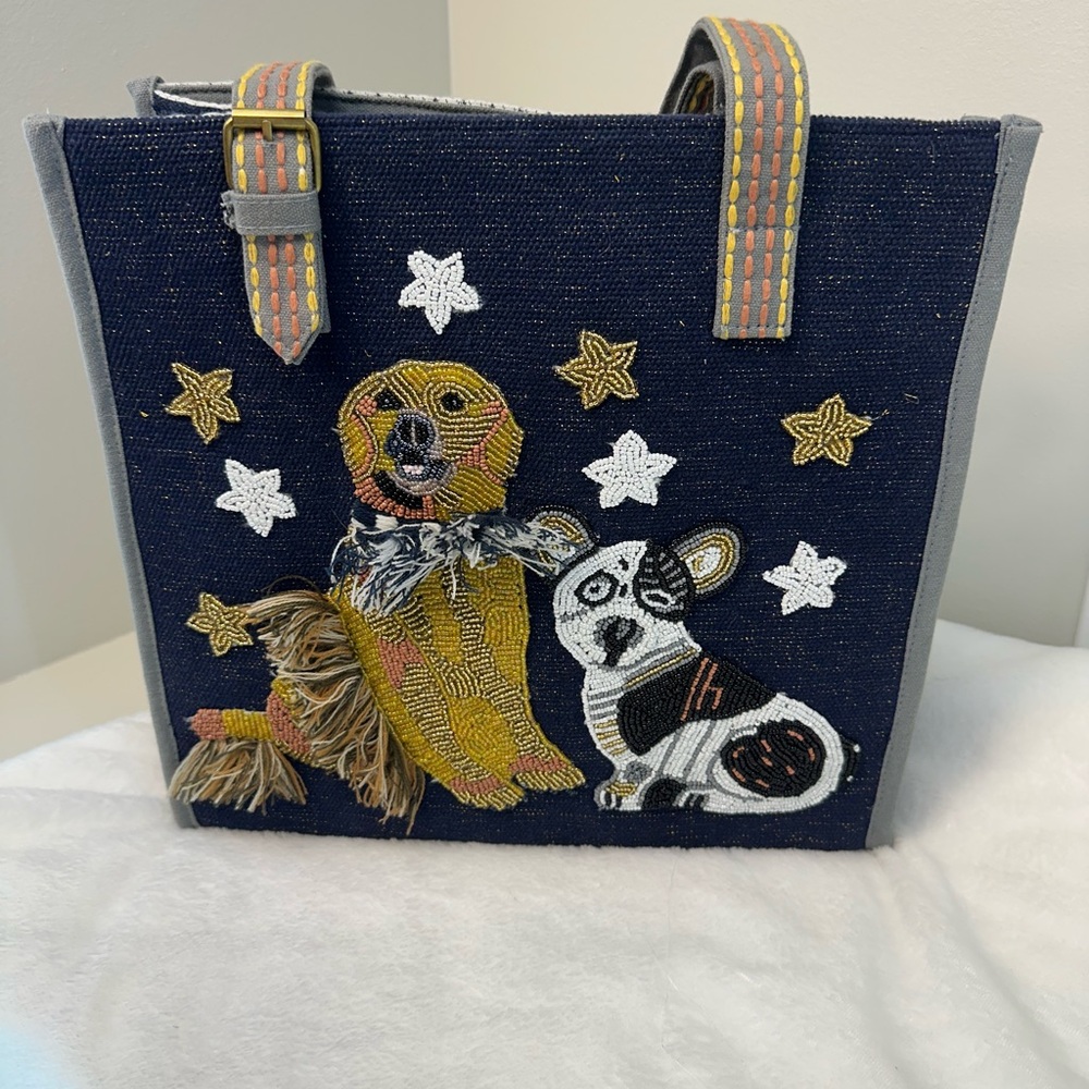 America & Beyond hand beaded Embroidered Dog Tote Bag purse frenchie golden